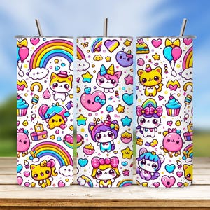 Envoltorio de vaso con dibujos animados, personaje kawaii de 20 oz, sublimación, envoltorio de vaso infantil pastel, descarga digital, envoltorio de vaso colorido PNG