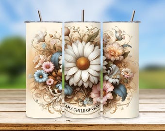 Floral Christian Tumbler Wrap: Child of God 20 oz mager ontwerp (digitale png-download)