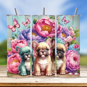 Kwiatowy Frenchie Tumbler Wrap, 20oz Skinny French Bulldog Sublimacja Design, Bezszwowy Psa Tumbler Png Pobierz, Słodki Psa Tumbler Art