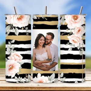 Glitter Floral Tumbler Template Png Sublimation Design 20oz Skinny Tumbler Wrap Photo Collage Waterslide Add Text Customizable Printable