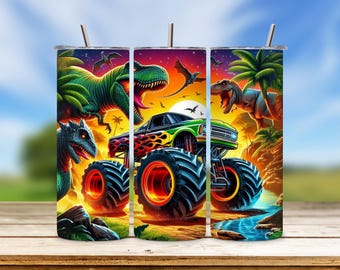 Kids Dinosaur Tumbler Wrap, Monster Truck Sippy Cup Wrap, Children&#39;s Water Bottle Design PNG, 20 Oz Digital Download