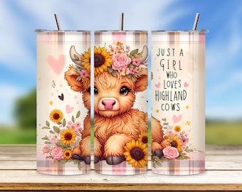 Highland Cow Tumbler Wrap 20 oz Skinny Tumbler Design PNG Digital Download, Just a Girl Who Loves Cows, Sublimation Tumbler Wrap