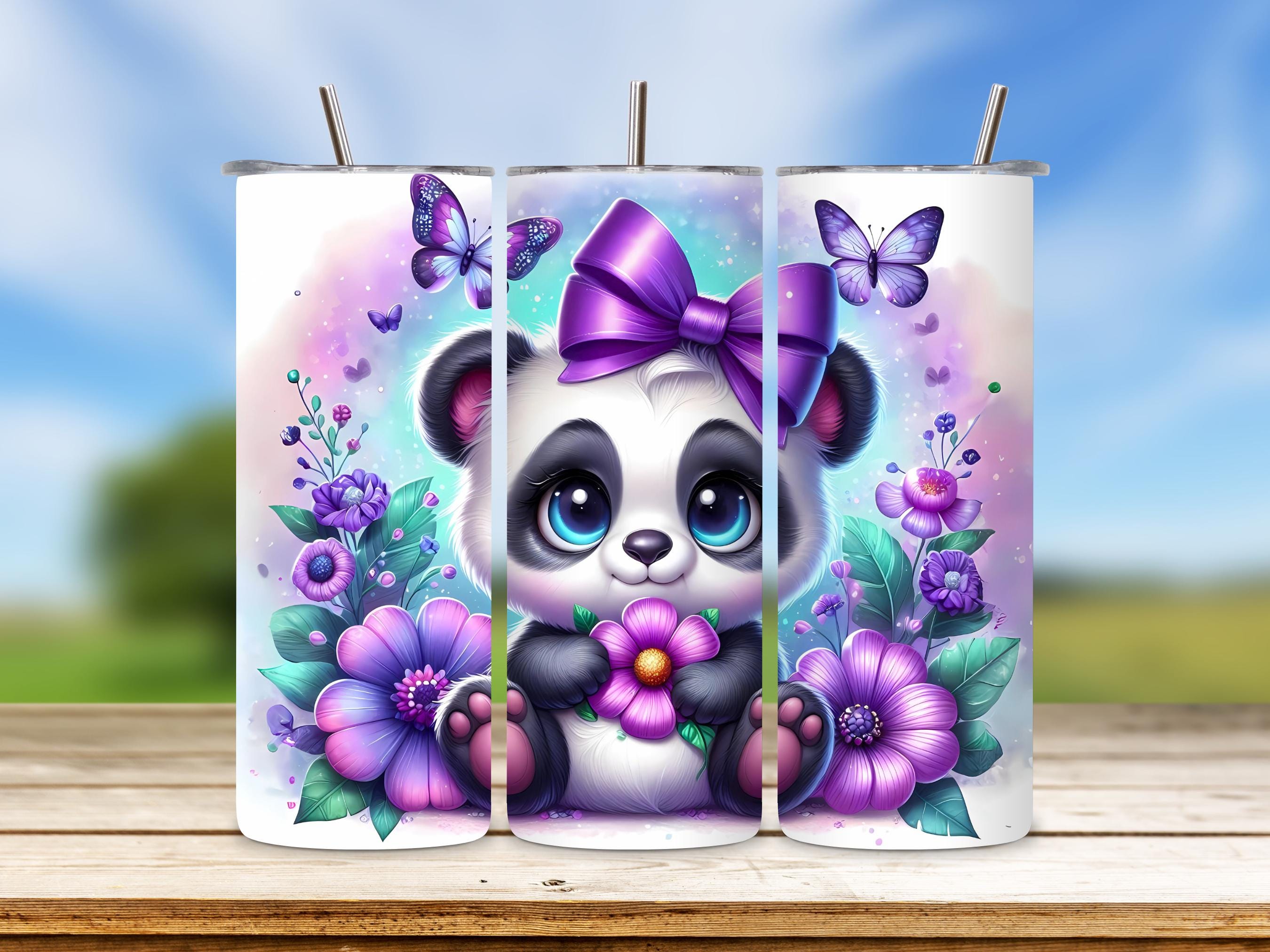 Cute Panda Tumbler Wrap PNG, Purple Animal Floral Sublimation, Pastel 20oz Skinny Tumbler Design, Digital Download for Sublimation