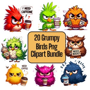Grumpy Coffee Birds Clipart: Funny Animal PNG (20 Files, Digital Download)