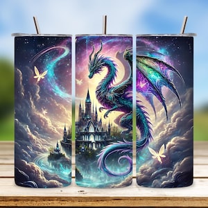 Dragon Tumbler Sublimation, 20oz Skinny Fairy Animal Wrap PNG, Flowers Digital Download, Straight Waterslide Design, Fantasy Tumbler Art