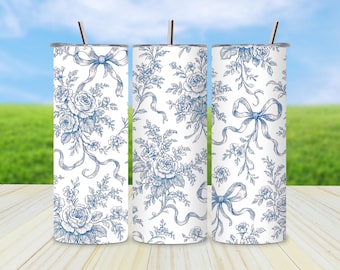 Blue Chinoiserie Tumbler Wrap: Spring Coquette 20oz Skinny Design (PNG Digital Download)