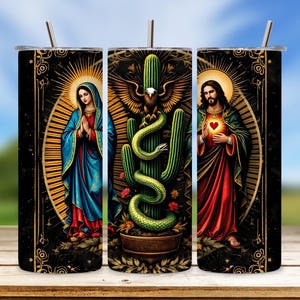 Diseño de sublimación de vaso de la Virgen María, San Judas Tadeo PNG, envoltura con bandera mexicana, plantilla delgada de 20 oz, descarga digital