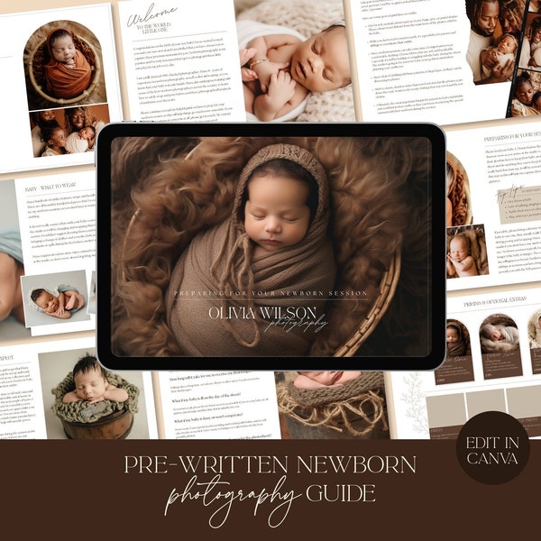 Modèle de guide de préparation de séance nouveau-né, séance photo nouveau-né, informations sur le nouveau-né pour les clients, marketing photographique, modèle modifiable Canva