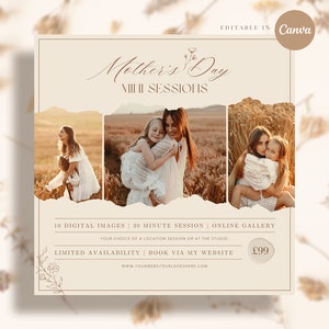 Modello di mini sessioni per la festa della mamma, Mini Mama and Me, Marketing fotografico, Modello di mini sessioni per la famiglia, Modello modificabile Canva