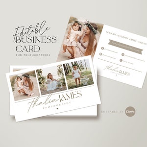 Cartão de visita editável para fotógrafos, modelo de cartão de visita fotográfico, marketing fotográfico, modelo editável Canva