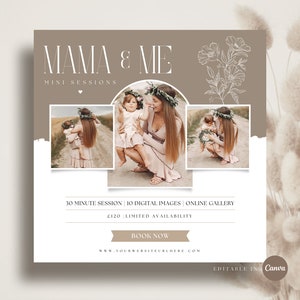 Modello di mini sessioni mamma e me, mini per la festa della mamma, modello boho in carta strappata, marketing fotografico, modello modificabile Canva