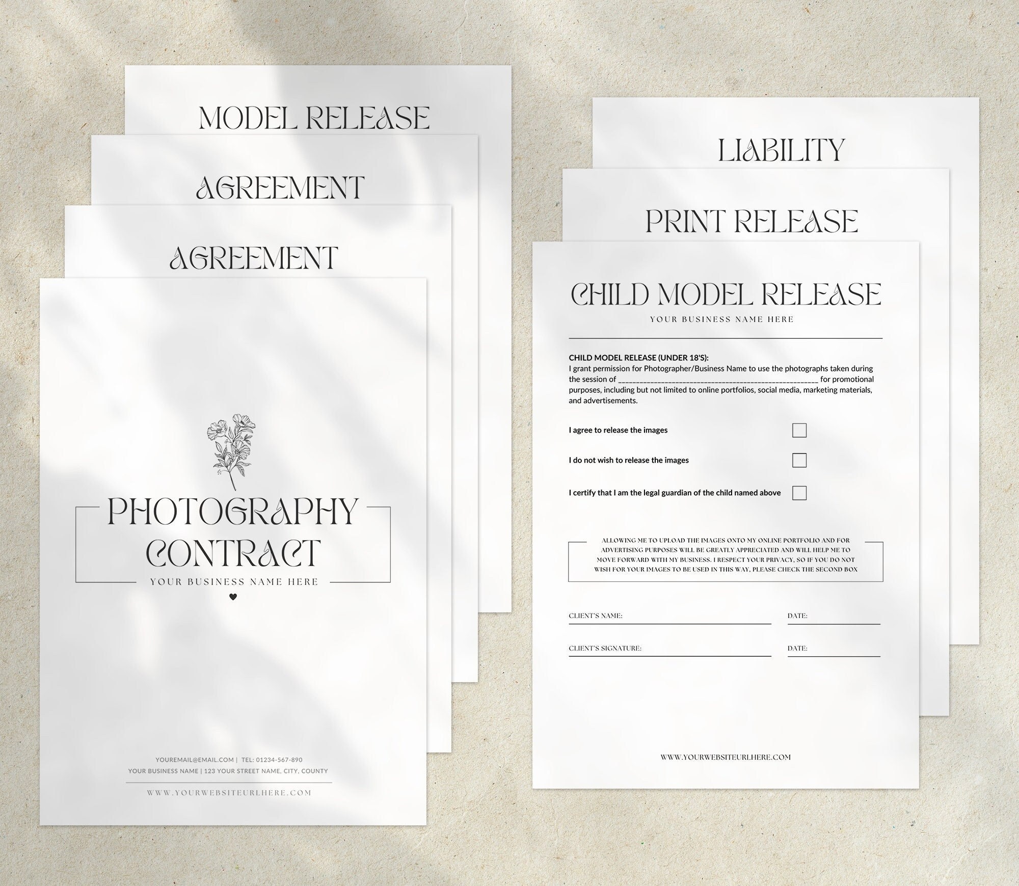 Minimalist Photography Contract Template, Photography Contract For Clients, Model Release Forms, Canva Editable Template