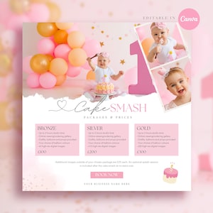 Modelo de preço para Cake Smash, modelo para primeiro aniversário, modelo para ensaio fotográfico de Cake Smash rosa, marketing fotográfico, modelo editável para Canva