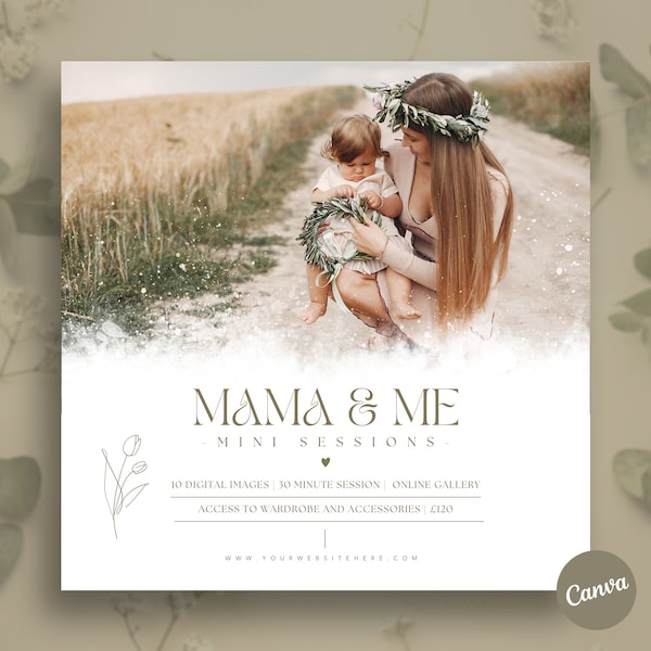 Mother's Day Mini Sessions Template, Mama and Me Minis, Sage and White Boho Template, Photography Marketing, Canva Editable Template