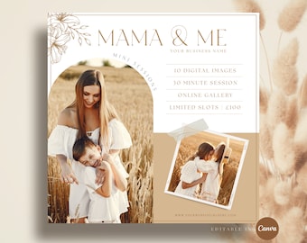 Mama and Me Mini Sessions Template, Mother&#39;s Day Minis, Boho Theme Template, Photography Marketing, Canva Editable Template
