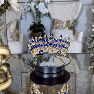 Royal Blue And Gold Quinceañera Crown Bridal Tiara