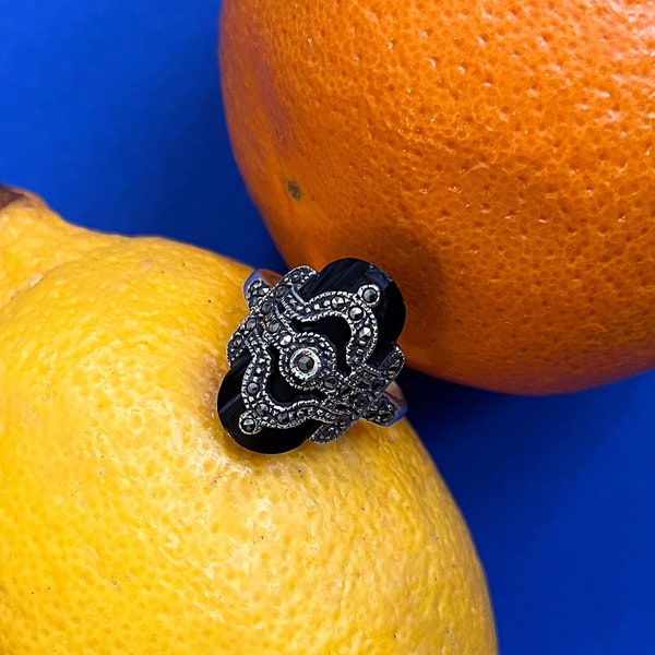 Bague Art Déco Vintage en Argent Massif Onyx Marcassites 1930 Bague Gatsby, Bague Art Deco, Bague en Argent, Bague Onyx Bague Vintage Argent