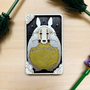 Totoro x No-Face Ghibli Tarot Card – Handmade 3D Wood Art | Mini Wall Decor | Mystical Miyazaki Gift | Studio Ghibli Fan Gift