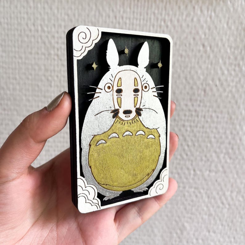 Totoro x No-Face Ghibli Tarot Card – Handmade 3D Wood Art | Mini Wall Decor | Mystical Miyazaki Gift | Studio Ghibli Fan Gift