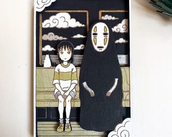 Chihiro No Face wooden card train – Hand-painted Ghibli fanart – Mystical tarot wall decor – Artisan wood art – Christmas gift idea