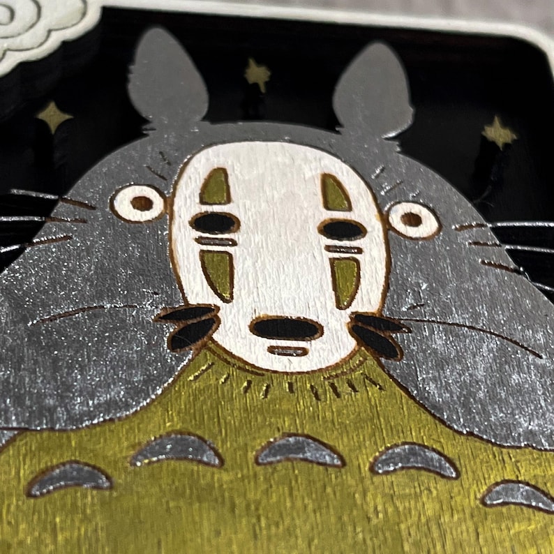 Totoro x No-Face Ghibli Tarot Card – Handmade 3D Wood Art | Mini Wall Decor | Mystical Miyazaki Gift | Studio Ghibli Fan Gift