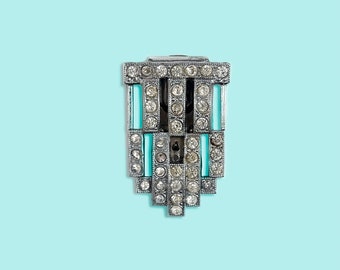 Art Deco 30's Lapel Clip Brooch - Stainless Steel and Strass