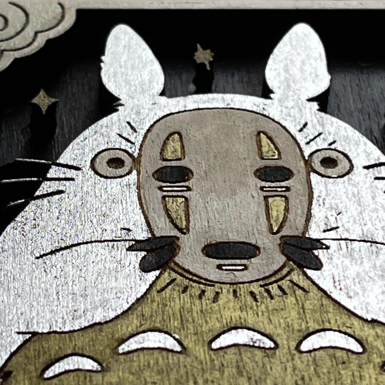 Totoro x No-Face Ghibli Tarot Card – Handmade 3D Wood Art | Mini Wall Decor | Mystical Miyazaki Gift | Studio Ghibli Fan Gift