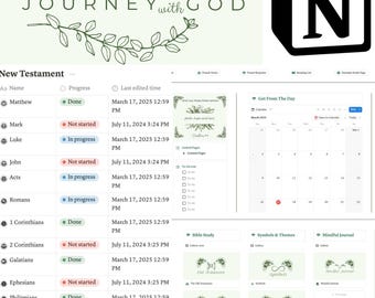 May include: A screenshot of a website with a list of books from the New Testament. The website is titled "Journey with God". The list includes the book names, progress, and last edited time. The website also includes sections for Bible study, symbols and themes, and a mindful journal.