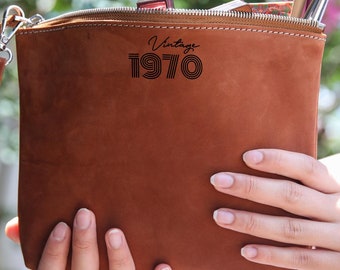 Custom Vintage Birthday Makeup Bag, Genuine Leather Pouch Bag, Personalized Leather Cosmetic Bag, Women's Birthday Gift, Zipper Makeup Bag