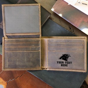 Cartera de cuero con tres pliegues de equipos de fútbol personalizados, cartera de equipos de la NFL, cartera personalizada para hombres, cuero genuino, cartera de cuero grabada, regalo para hombres