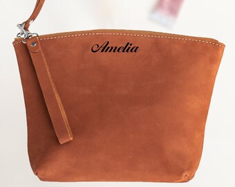 Leather Makeup Bag, Personalized Bridesmaid Gift, Gift for Her, Leather Cosmetic Pouch, Cosmetics Bag, Monogrammed Toiletry Bag, Womens Gift
