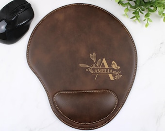 Personalized Engraved Vegan Leather Mouse Pad with Wrist Rest, Custom Leatherette Mouse Pad, Unique Gift For Him, Monogrammed Mouse Pad