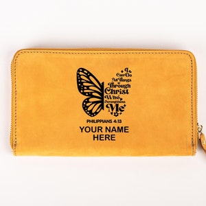 Cartera de cuero para mujer cristiana, cartera con nombre personalizado, cuero genuino, cartera de cuero para mujer con compartimento para teléfono, cartera de regalo de Navidad