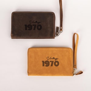 Cartera de cuero vintage personalizada, regalo de cumpleaños número 54, cuero genuino, billetera de cuero para mujer con compartimento para teléfono, billetera de regalo de cumpleaños