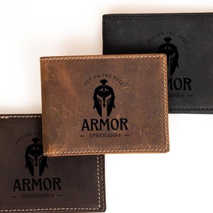 Cartera de cuero para hombres fieles, póngase la armadura completa, cuero genuino, billetera grabada personalizada, regalo de Navidad, billetera de cuero plegable