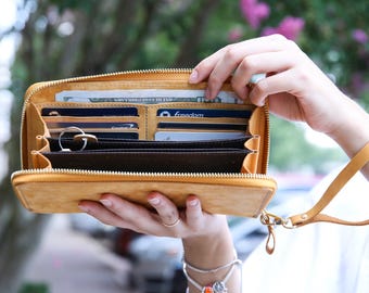 Custom Birth Flower Women Wallet, Genuine Leather, Leather Purse with Zipper, Personalized Birthday Gift, Mom Gift Wallet, Women's Wallet