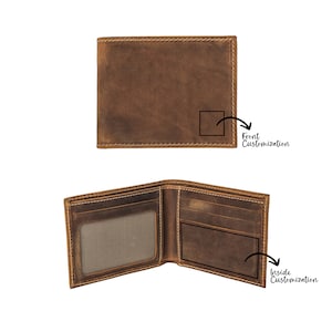 May include: A brown leather wallet with two areas for personalization. The front of the wallet has a small rectangular area for customization. The inside of the wallet has a larger rectangular area for customization.