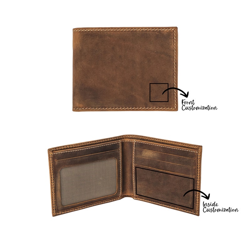 May include: A brown leather wallet with two areas for personalization. The front of the wallet has a small rectangular area for customization. The inside of the wallet has a larger rectangular area for customization.