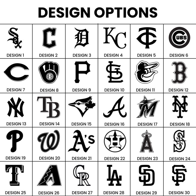 May include: A grid of 30 black and white baseball team logos, each in a separate square. The logos include team names like "White Sox", "C", "Tigers", "KC", "Phillies", "Angels", and "Cubs". The text "DESIGN OPTIONS" is at the top.