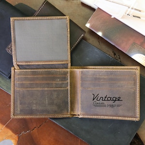 Cartera de cuero vintage para cumpleaños, cartera personalizada para regalo de cumpleaños, cartera triple para hombre, cartera grabada de cuero genuino, regalo de cumpleaños para hombre