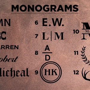 May include: A close-up of a brown leather surface with 12 different monogram designs. The designs include initials, names, and symbols. The text "MONOGRAMS" is at the top of the image.