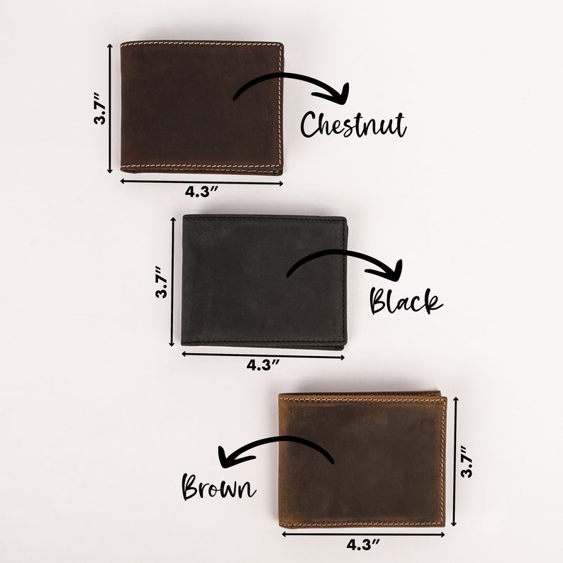 May include: Three leather wallets in chestnut, black, and brown. Each wallet measures 4.3 inches wide by 3.7 inches tall.