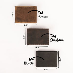 May include: Three leather wallets in brown, chestnut, and black, each measuring 4.5" x 3.5". The brown wallet is at the top, followed by the chestnut and black wallets. The colors are labeled with arrows.