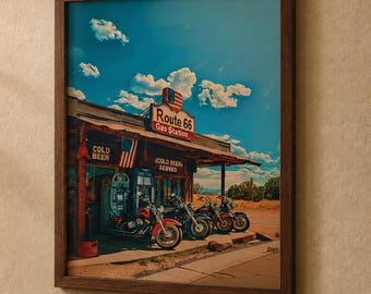 Vintage Route 66 Motorcycle Gas Station Print, Americana Poster, Unframed Garage Wall Art
