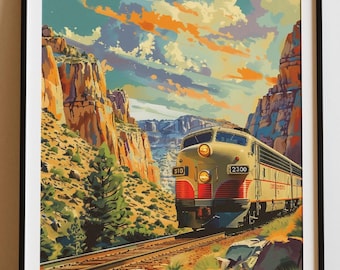 Plakat podróżniczy z motywem pociągu California Zephyr, malowniczy kanion