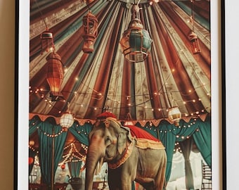 Plakat Vintage Circus Elephant, Vintage Retro Print, Sztuka Cyrkowa, Fantazyjna Sztuka Ściana Karnawałowa, Zaczarowany Dekor Big Top, Boho Animal Print