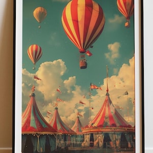 Stampa vintage di mongolfiere, arte murale di carnevale, poster stravagante di tendoni da circo, decorazioni per viaggi avventurosi retrò, opere d&#39;arte ispirate ai libri di fiabe