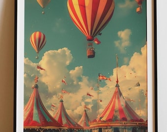 Vintage Hot Air Balloon Print, Carnival Wall Art, Whimsical Circus Tent Poster, Retro Adventure Travel Decor, Storybook-Inspired Artwork