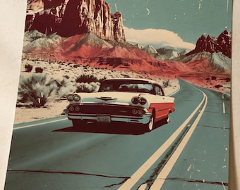 Route 66 Poster, 1950s Classic Car Road Trip Wall Art