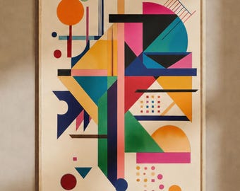 Affiche géométrique abstraite colorée, impression giclée d'art mural moderne du milieu du siècle inspirée du Bauhaus